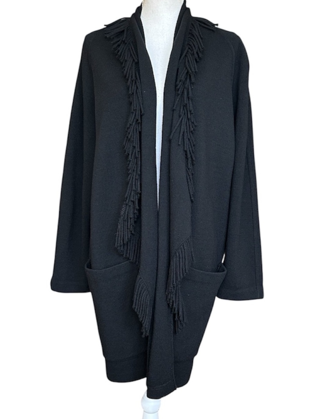 Andrea Jovine Vintage Pure Wool Black Open-Front Cardigan Sweater with Fringe